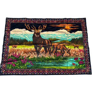 Vintage Turkish Velvet Elk Wall Tapestry 55x38 Lodge Cabin Decor